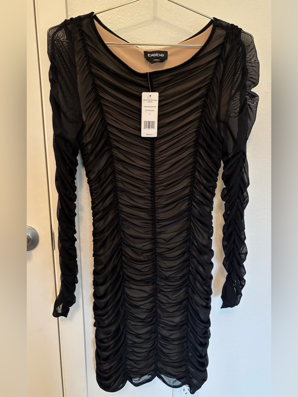 NWT bebe Black Ruched Mesh Long-Sleeve Bodycon Dress